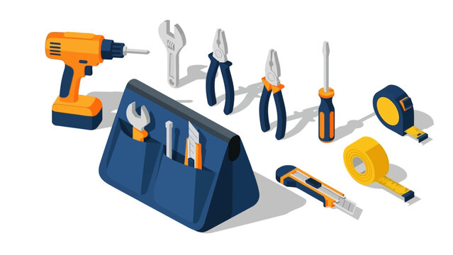 Isometric tool set with screwdriver, wrench, and drill for home improvement projects