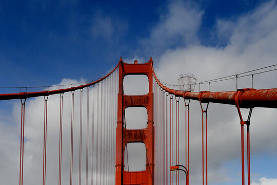 Gate on main suspension cable of Golden Gate Bridge. Prevents pedestrians from walking up the cables encouraged by social networking apps where users can create &ldquo;Dares&rdquo;