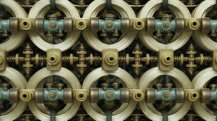 Close-Up View of Intricate Mechanical Components and Gears with Circular Metal Rings and Connectors