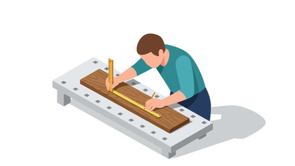 Craftsman measuring wood on workbench with precision tools in isometric style