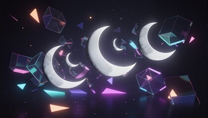 A modern digital art piece featuring stylized crescent moons in different sizes floating among glowing geometric shapes and colored lights.
