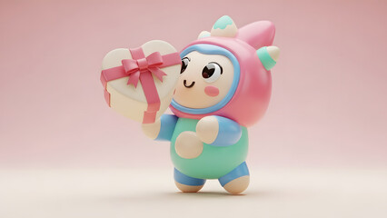 Cute Pastel Cartoon Character Holding Gift Box Kawaii 3D Valentine Illustration