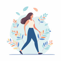 Woman walking among leaves vector illustration for wellness and nature