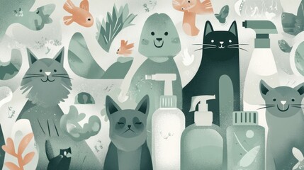 Daily Routine for Pet Hygiene With Cats, Fish, and Cleaning Products in Neutral Tones for Emotional Balance and Comfort