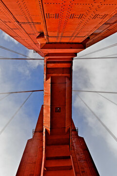 View up from directly under South Tower of Golden Gate Bridge, San Francisco, California 