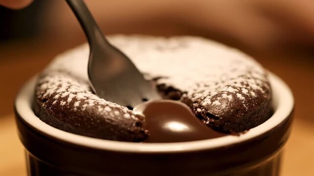 Fork digging into a delicious chocolate lava cake with powdered sugar