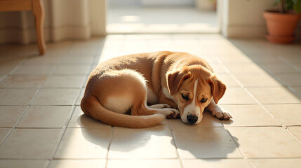 Sleeping Puppy Lying Flat on Floor Indoors
