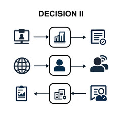 Business decision process flowchart infographic. Professional vector template for strategic planning, corporate workflow, data analysis, and team collaboration steps.