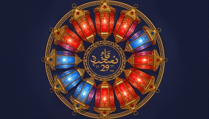A colorful set of Ramadan lanterns in red, blue, and gold arranged in a circular pattern, with Arabic numerals for the month of Ramadan in the center.
