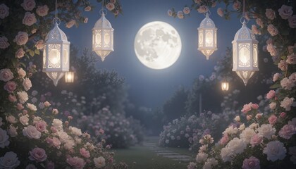 A soft and elegant Ramadan scene with delicate white lanterns hanging in a garden under a glowing full moon, surrounded by blooming flowers.

