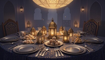 A detailed illustration of a Ramadan table setting with small lanterns, silver utensils, and traditional sweets under a softly lit ceiling.
