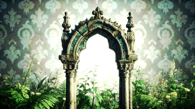 Ornate Green Arch Gateway with Vintage Metalwork Surrounded by Lush Tropical Foliage and Damask Backdrop