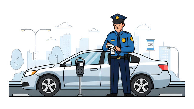 Police officer issuing a parking ticket to a car parked at a meter in an urban setting