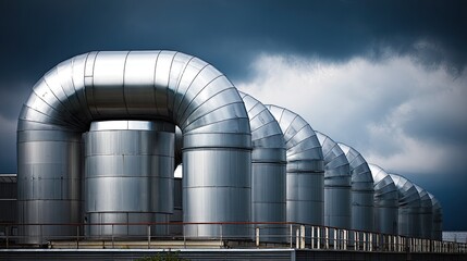 Industrial Metal Ducts in a Factory Against a Dramatic Cloudy Sky