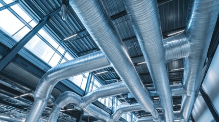 Modern Industrial Building Interior with Exposed Silver Ductwork and Large Windows Flooding Light into Space