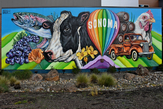 Mural by Maxfield Bala showcasing Sonoma County resources; Dairy, Wine, Poultry, Fishing and Hot Air Balloons