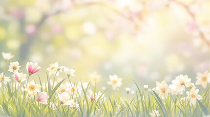 Pastel spring background with soft floral silhouettes and sunlight haze.