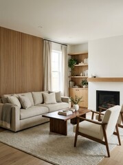 Fototapeta premium Modern Living Room Interior with Wood Slat Wall