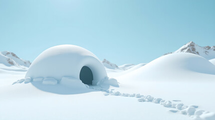 Igloo Standing Alone on Snowfield under Blue Sky
