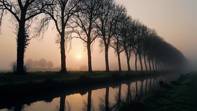 Row of Leafless Trees Framing a Dawn Mist Over a Quiet Canal