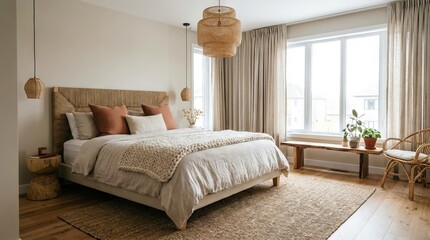 Fototapeta premium Cozy Bohemian Bedroom Interior with Natural Decor