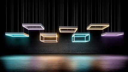 Contemporary Neon Light Boxes Suspended in a Dark Gallery Space with Wooden Flooring and Brick Wall Background