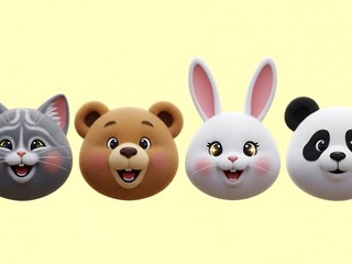 Fototapeta premium Set of Happy 3D Kawaii Animal Heads Laughing. Generative Ai