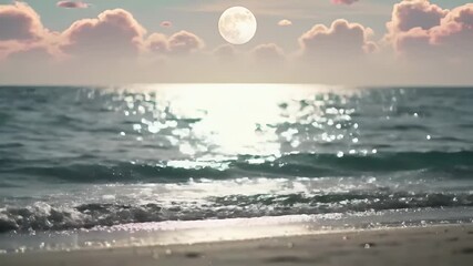 Serene moonlit ocean shoreline at dusk with glowing reflection on pastel-hued water