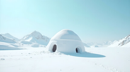Igloo Standing Alone on Snowfield under Blue Sky
