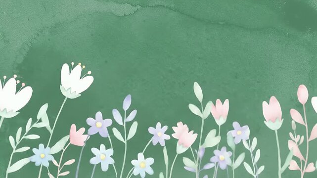 Serene watercolor meadow border featuring delicate pastel flowers along a soft green background