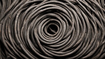 Abstract composition of textured spiral pattern created by intertwining dark ropes in a circular arrangement