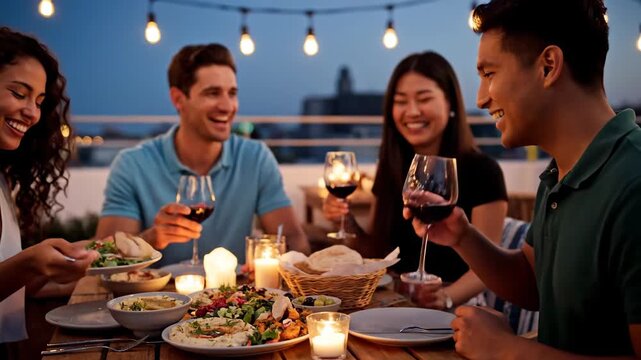Friends enjoying a delightful rooftop dinner party with wine and food