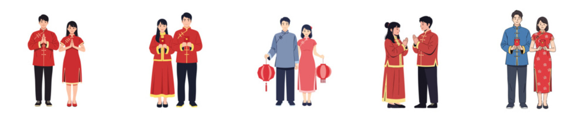 Chinese New Year Traditional Couple Celebration Poses Vector Flat Design Illustration Set