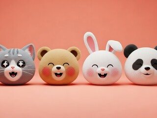 Obraz premium Set of Cute 3D Kawaii Animal Heads Laughing Joyfully. Generative Ai