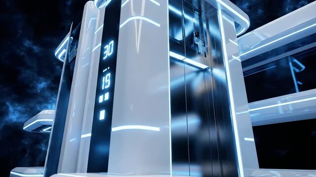 A futuristic, sleek digital clock tower with glowing blue lights and a modern design against a dark, starry night sky