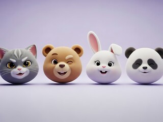 Fototapeta premium Set of Cute 3D Kawaii Animal Heads Winking and Smiling. Generative Ai