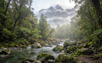 A river with a rocky bottom and a mountain