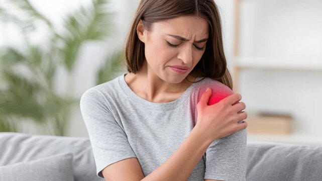 A woman is experiencing shoulder pain, indicated by a red glowing area on her shoulder, Grimacing in discomfort.