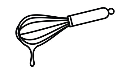 Outline drawing of hand egg whisk with drips for culinary recipe on transparent backdrop