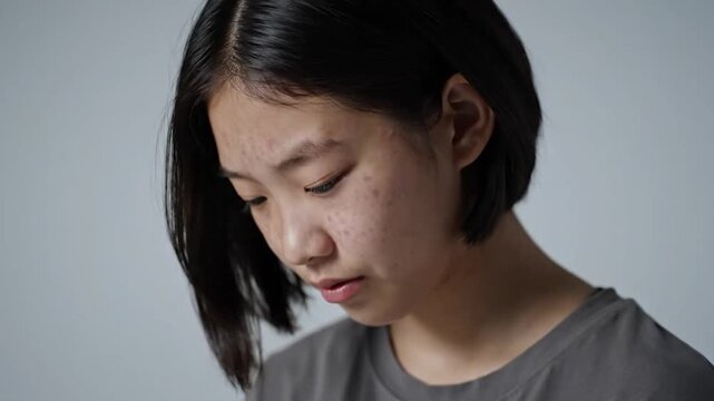 Portrait of a young person with skin imperfections, looking down. Close-up on the face
