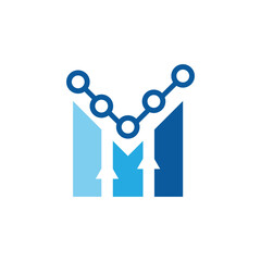 this is a logo design of a letter M that shapes like a graph bar with arrows and dots of trading instruments that looks clean in blue color on a white background