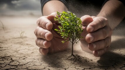 Two hands protecting a small tree from harsh weather for climate resilience and adaptation strategy visual