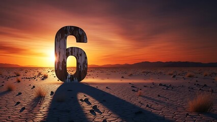 A large wooden number six stands in a desert landscape at sunset.