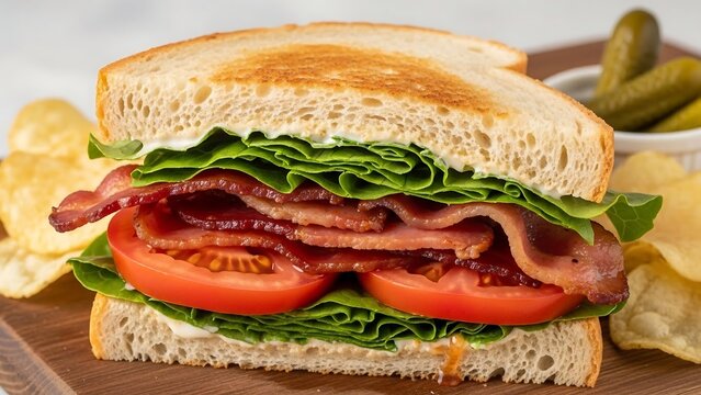 BLT Sandwich with Chips and Pickles.