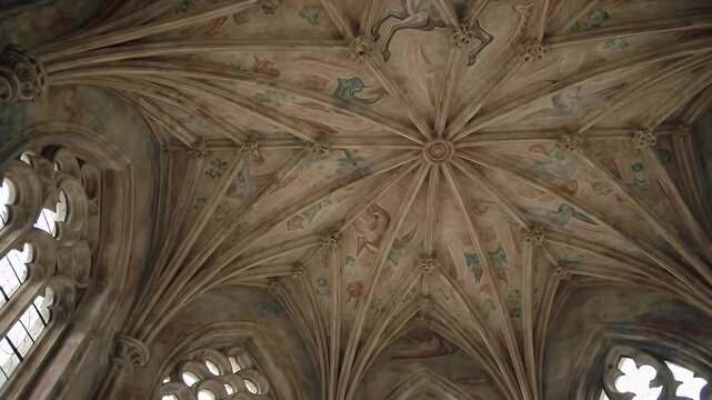 Intricate star-shaped ribbed vaulting dominates the Gothic cathedral ceiling with arched tracery windows