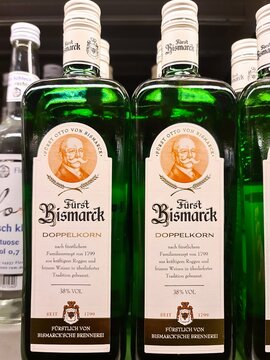 Kiel, Germany - 29. December 2025: F&uuml;rst Bismarck Doppelkorn bottles on a store shelf