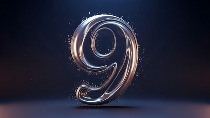 A large, shiny, metallic number nine stands alone in a dark room with particles around it.