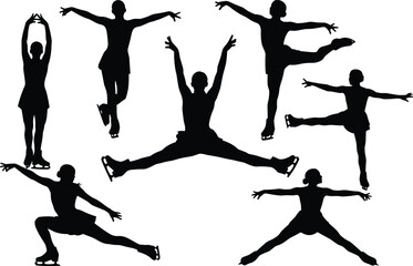 Figure skating silhouettes set, professional ice skater performing jumps and spins, elegant female athlete winter sports poses, isolated artistic graceful vector illustration elements, © MdMosarof