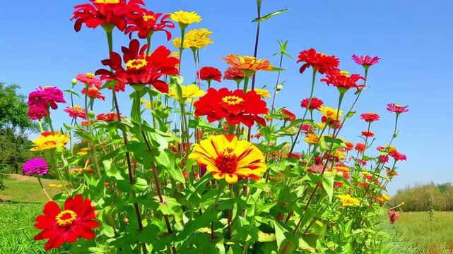 Colorful zinnia flowers swaying in the wind