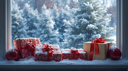 Snowy Christmas gifts on windowsill with evergreen trees outside